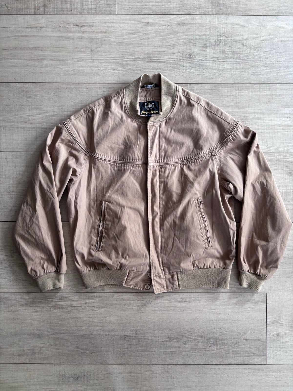 Vintage Aberdeen Beige Bomber Jacket Full Zip Lightweight Casual Minimalist 90s
